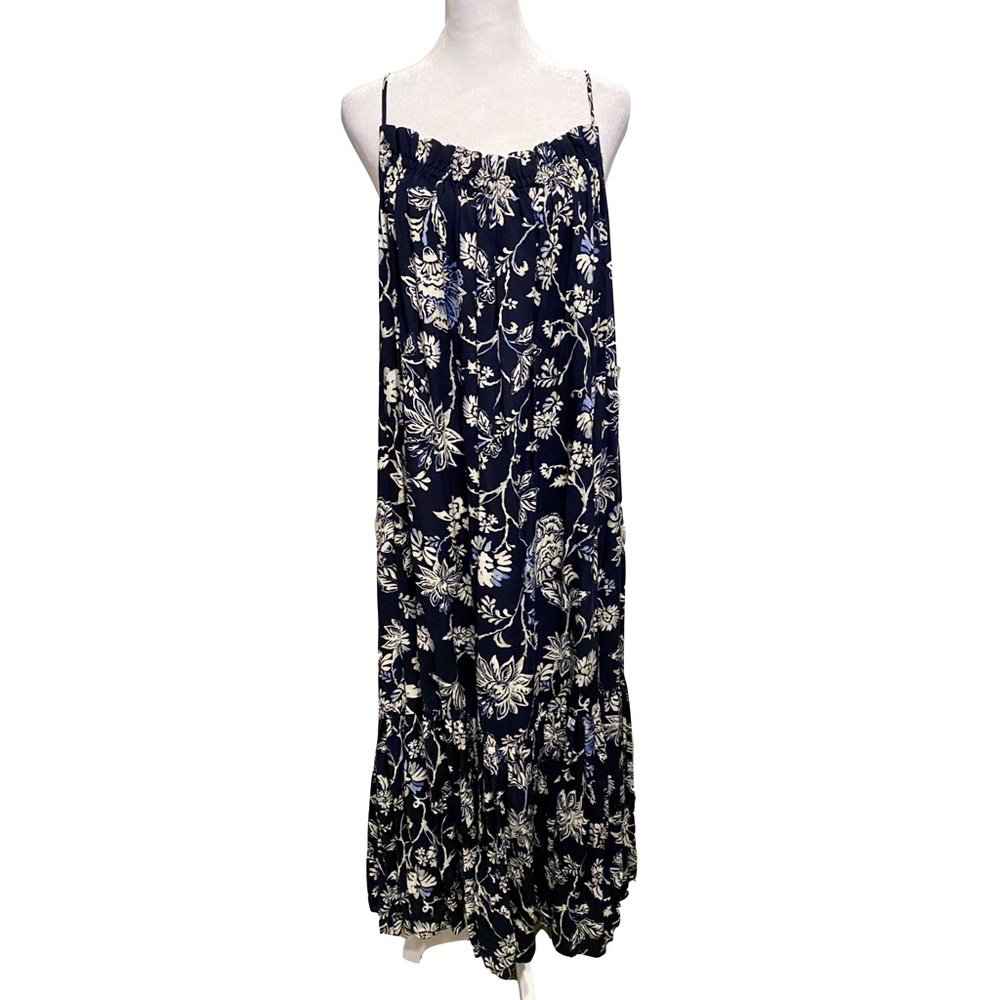 H&M Navy Blue & White Tropical Print Unstructured Flared Maxi Sundress Size 10